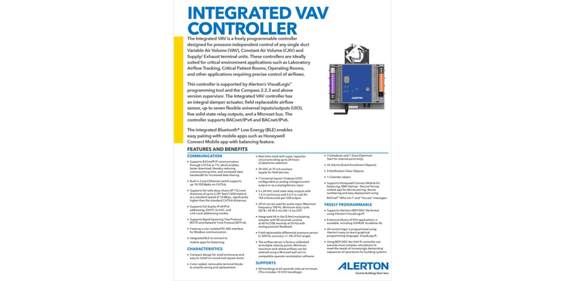 Alerton Integrated VAV Controller - Product Datasheet Image