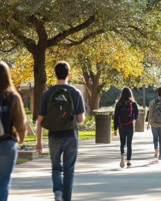 Backpacks on students walking beneath trees on sunny campus.