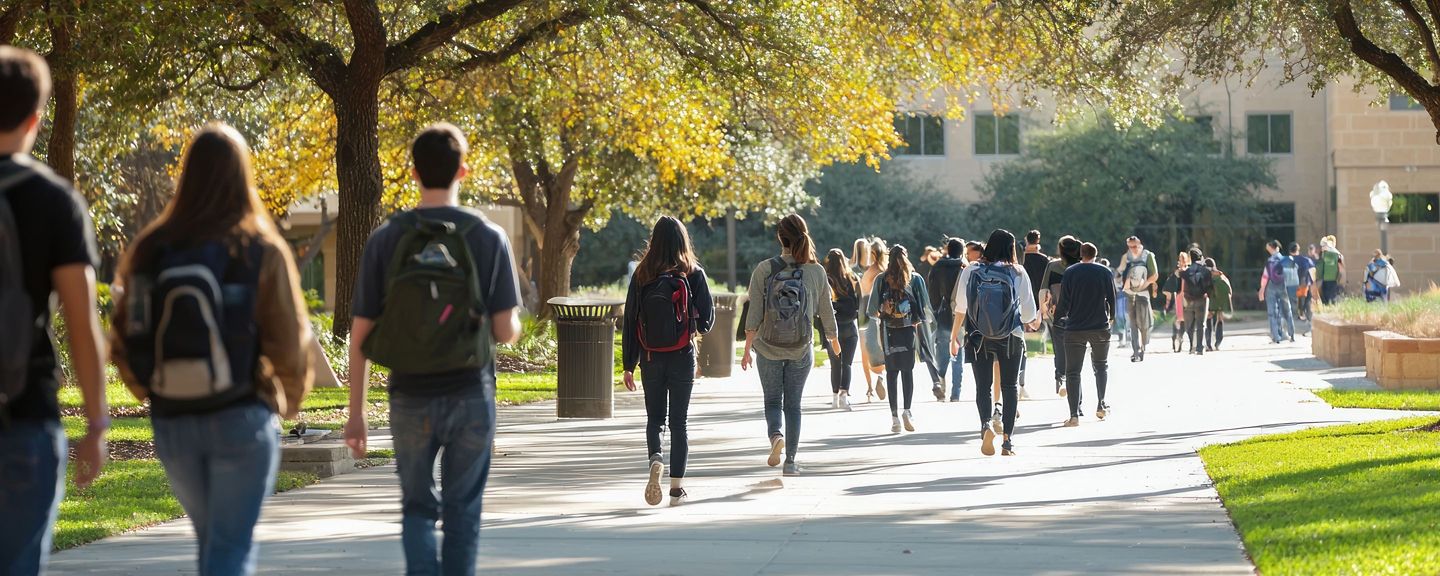 Backpacks on students walking beneath trees on sunny campus.