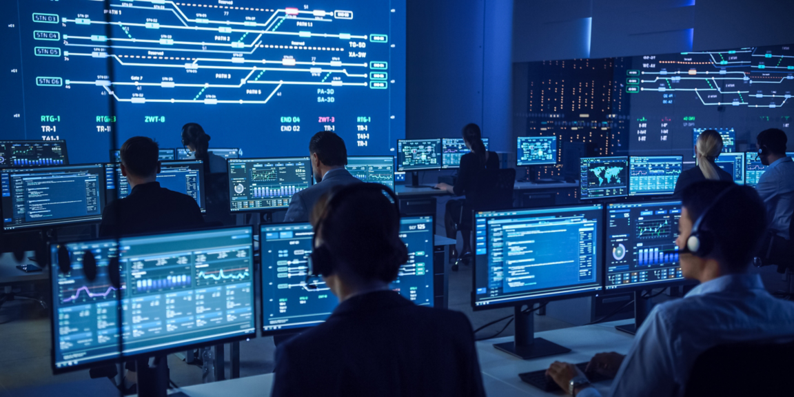 Team of Professional Computer Data Science Engineers Work on Desktops with Screens Showing Charts, Graphs, Infographics, Technical Neural Data and Statistics. Low Key Control and Monitoring Room.