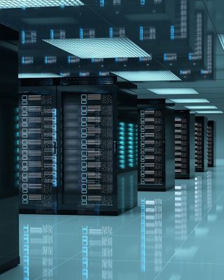 Rows of glowing servers in a high-tech data center