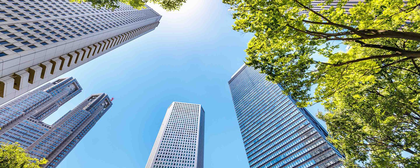 An upward view of tall skyscrapers surrounded by lush green trees, set against a bright blue sky with the sun shining overhead. The image captures the harmony between urban architecture and nature.