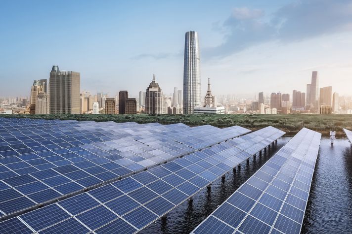 Modern City Skyline with Solar Power Plant