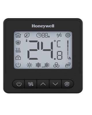 Black Honeywell wall controller with digital display and controls for temperature, operating modes and fan settings in building applications.