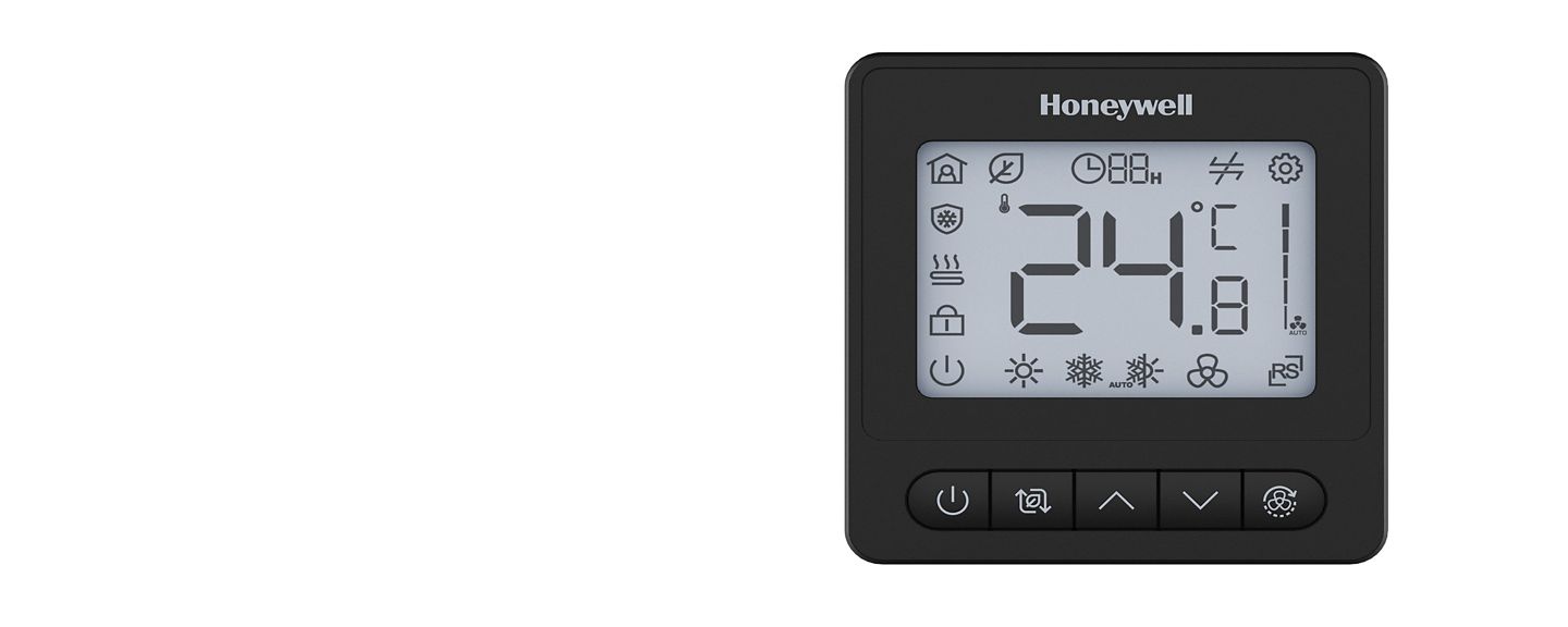 Black Honeywell wall controller with digital display and controls for temperature, operating modes and fan settings in building applications.
