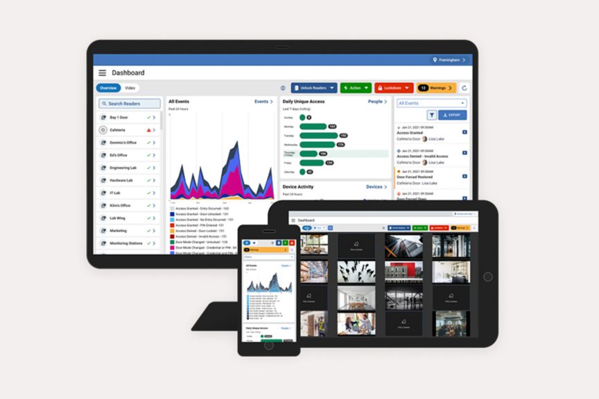 Manage access control and video surveillance from a unified cloud-based security management platform.