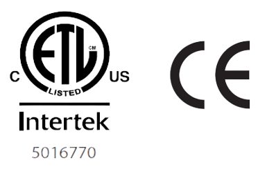 Showcase product compliance with ETL and CE certifications. This image features official safety marks from Intertek and the European Union, confirming adherence to North American and European standards for electrical and electronic equipment.