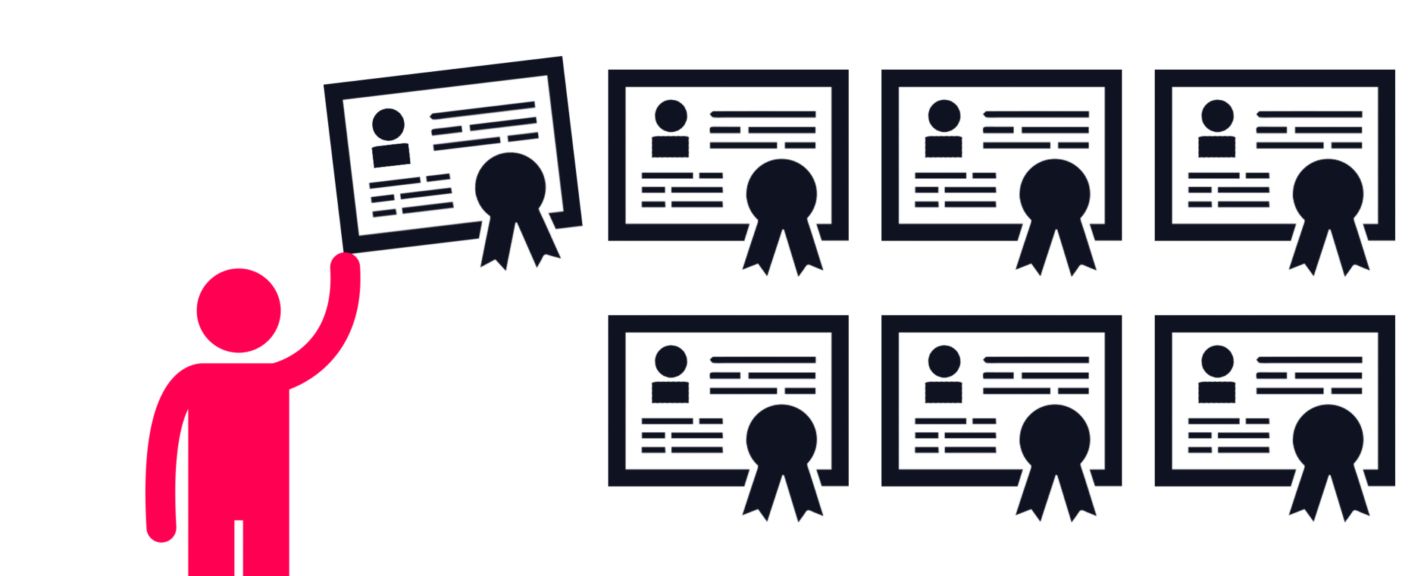 Visual of multiple certificates and a figure holding one, symbolizing recognition and verified accomplishments.