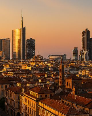 Stunning view of Milan at golden hour showcasing the iconic Duomo cathedral alongside contemporary skyscrapers, blending historic charm with modern cityscape.