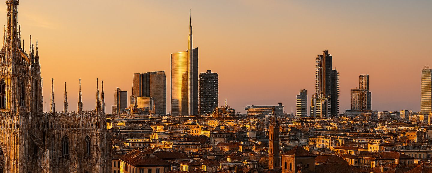 Stunning view of Milan at golden hour showcasing the iconic Duomo cathedral alongside contemporary skyscrapers, blending historic charm with modern cityscape.