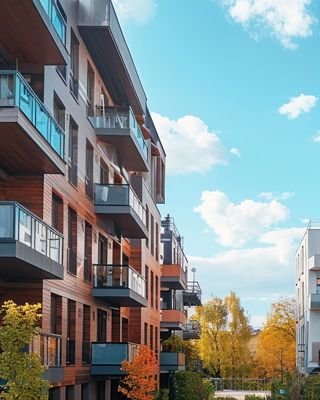 Modern apartments with balconies, trees, and clear blue sky.