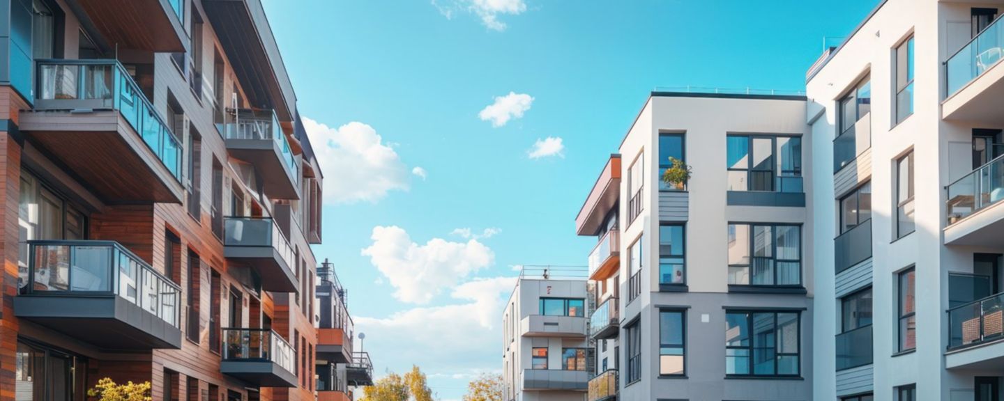 Modern apartments with balconies, trees, and clear blue sky.
