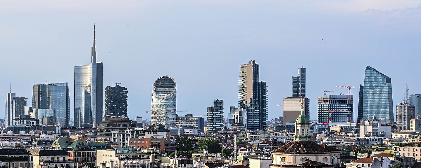 Milan, new panoramic skyline 2024. The picture was taken from the Duomo cathedral and shows the new buildings and skyscrapers of the Garibaldi district.