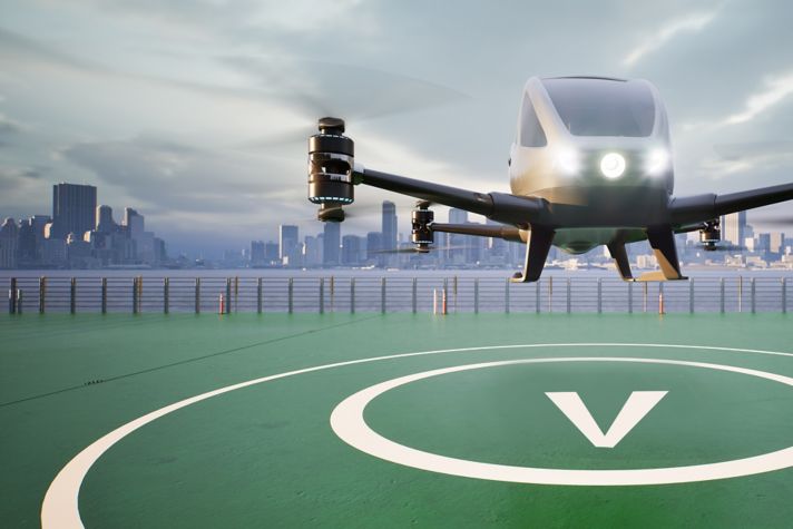 Autonomous driverless aerial vehicle fly across city, 3d render