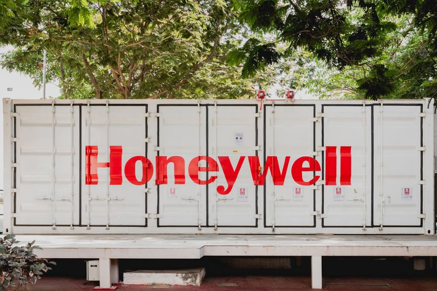 Honeywell-branded energy storage container installed at an industrial site, showcasing advanced battery storage solutions for grid resilience, energy management, and sustainable infrastructure.