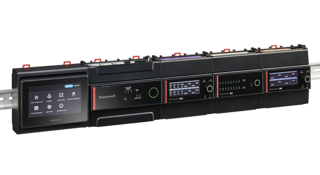 Advanced Honeywell building management controller with modular I O expansion, touchscreen interface and real time HVAC control.