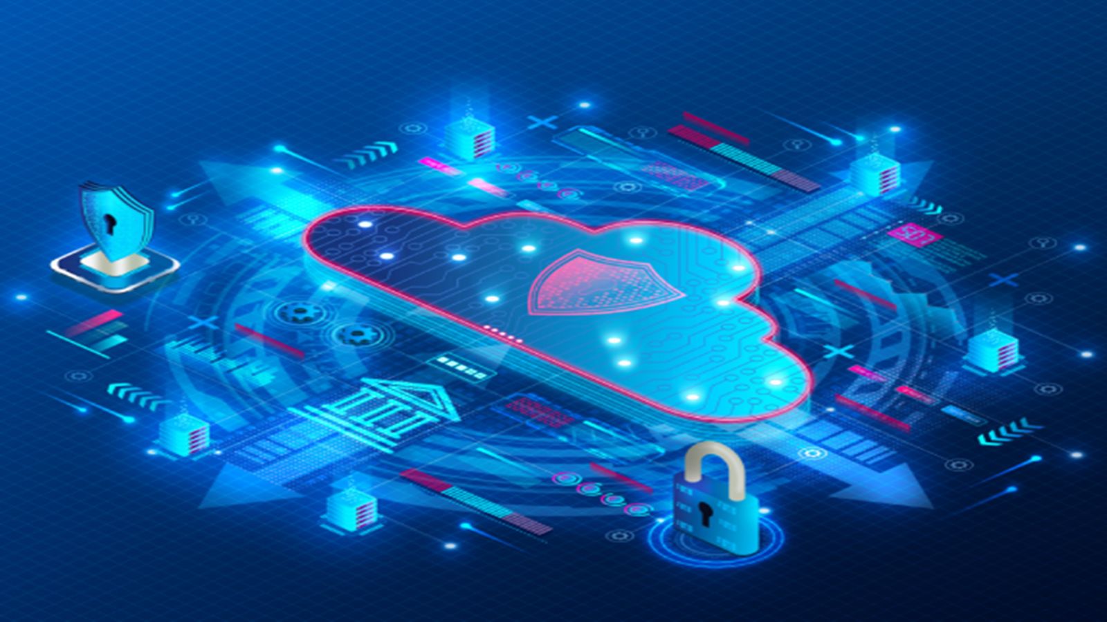 Digital illustration of cloud interface with lock icon, network connections, data elements, and glowing symbols on a dark background