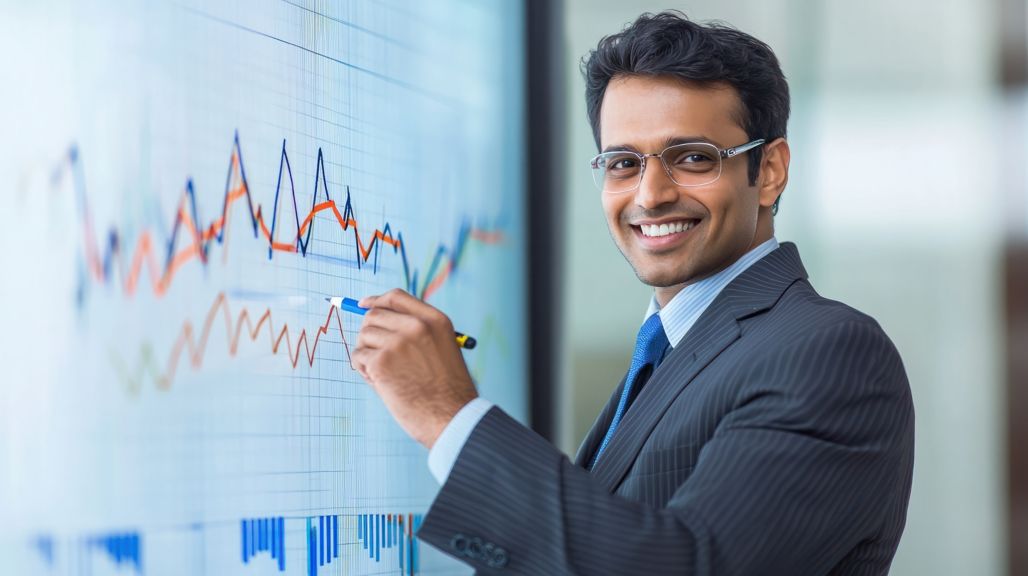 business, statistics and people concept - smiling indian businessman with marker drawing chart on screen or glass wall over office background hyper realistic --ar 16:9 --v 6.1 Job ID: 74174e33-f7d5-4507-a74e-8b48e56f49a1