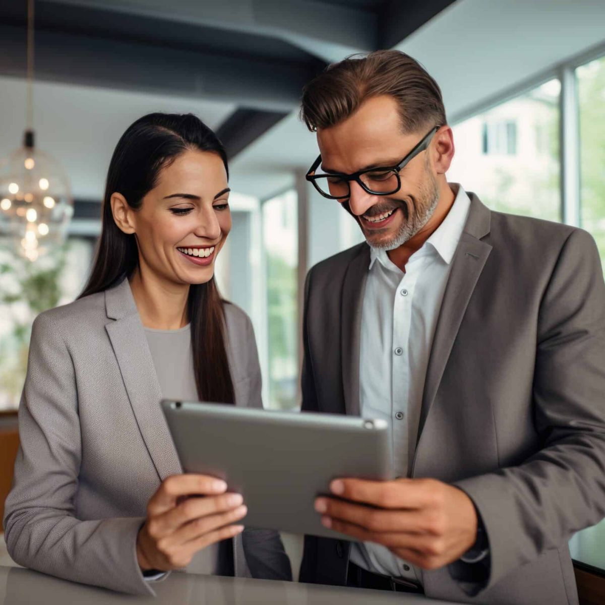 Two business professionals collaborating over a tablet in a contemporary office, showcasing teamwork, digital solutions, and modern workplace productivity.
