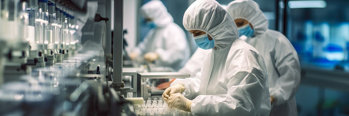 A masked cleanroom worker handles small vials at a pharmaceutical filling station.