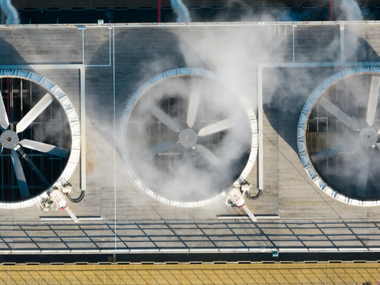Cooling equipment in a modern factory, fans are working