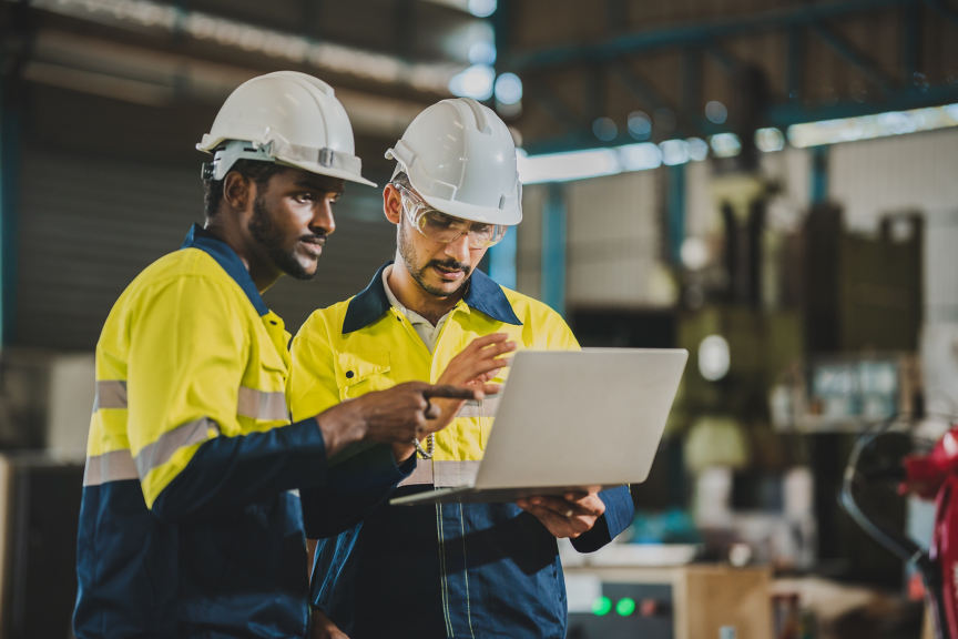 professional technician engineer with safety helmet hard hat working in industrial manufacturing factory, men at work to checking equipment of machinery production technology or construction operating