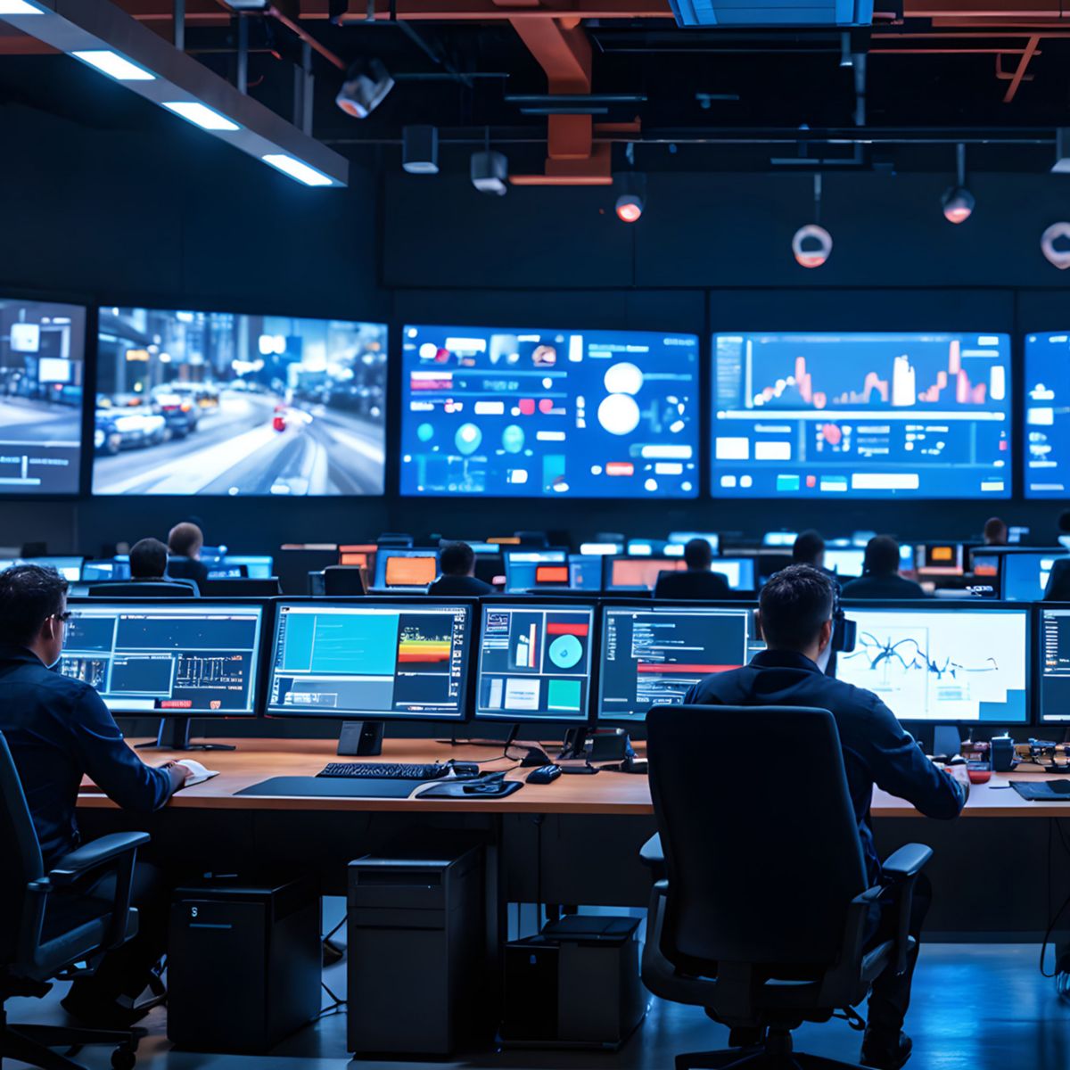 A state-of-the-art control room featuring data analysts observing multiple screens displaying real-time analytics and traffic data.