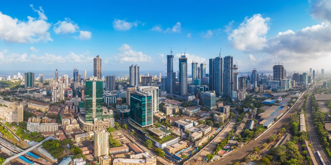 Aerial panoramic view Mumbai's Lower Parel skyline, with Worli, Prabhadevi, Elphinstone, Dadar and Bandra also visible