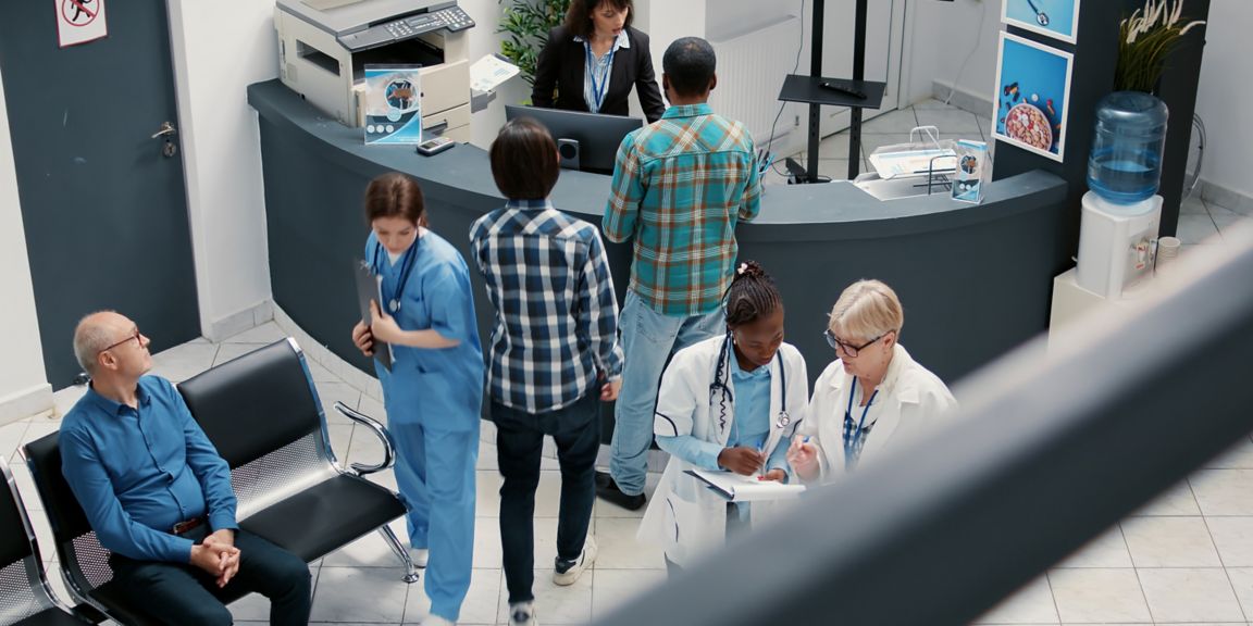 Hospital Reception Area with Doctors and Patients Interaction. Also defines the patient waiting area.