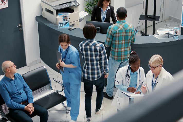 Hospital Reception Area with Doctors and Patients Interaction. Also defines the patient waiting area.