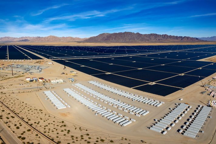 Aerial view of solar power and battery storage units in the desert