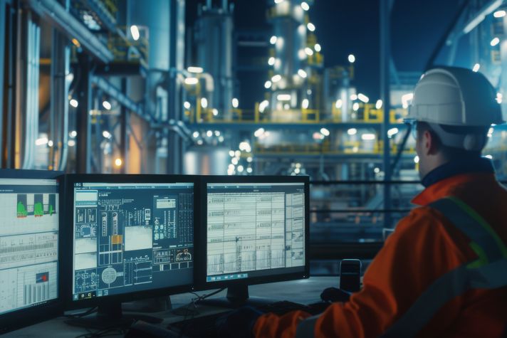 A worker monitors vital data from a control room at an illuminated industrial facility, ensuring efficient operations