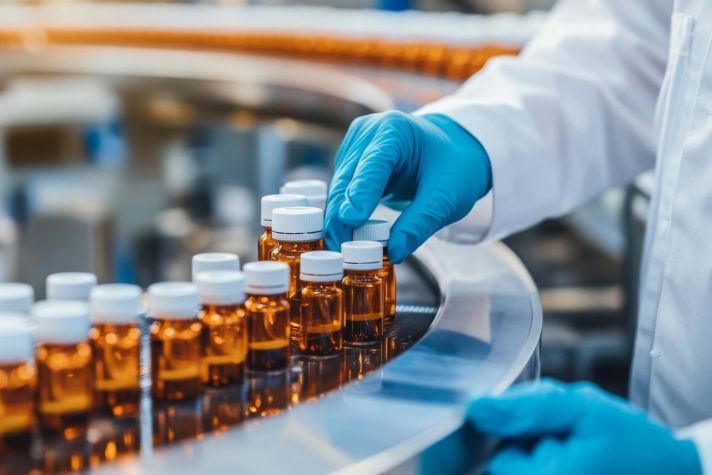 A close-up of a gloved hand placing amber bottles on a conveyor belt in a pharmaceutical manufacturing facility, highlighting the meticulous bottling process.