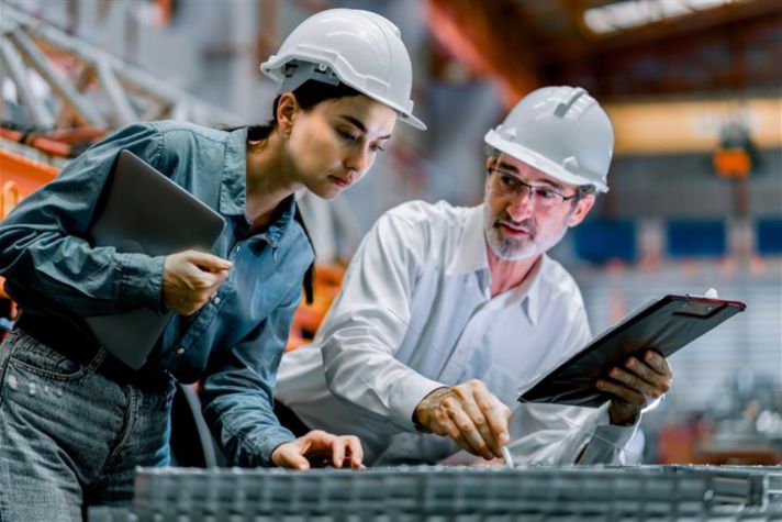Two construction professionals reviewing plans on a clipboard and laptop in an industrial setting, wearing safety helmets.