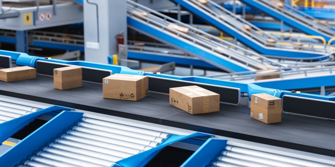 An indoor warehouse features a conveyor belt system with cardboard boxes being sorted, highlighting the efficiency of modern logistics and supply chain management.