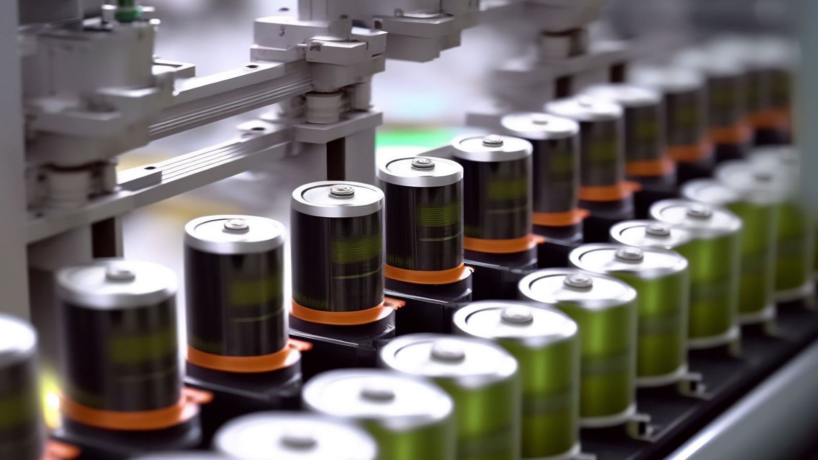 Close-up of cylindrical batteries arranged in rows on a production line with machinery components and metal frames.