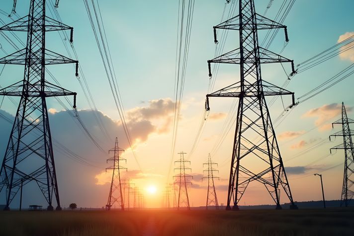 Experience the serene beauty of power lines silhouetted against a stunning sunset. Perfect for showcasing energy infrastructure and natural landscapes in your projects.