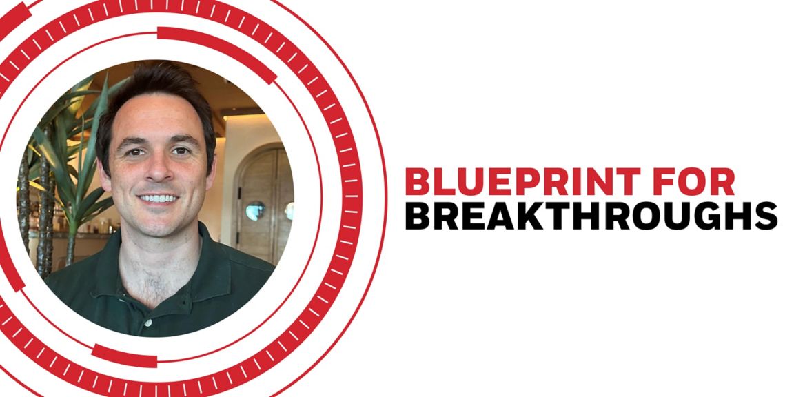 Futureshaper Matthew Puckett standing in front of plants and an arched doorway, with bold text reading “Blueprint for Breakthroughs” and a circular red and white graphic on the left.