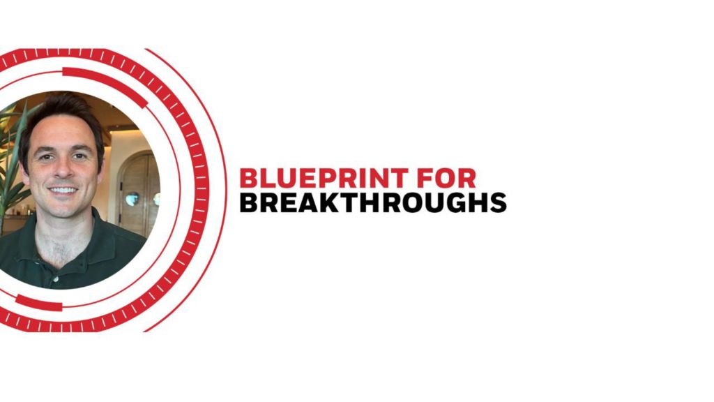 Futureshaper Matthew Puckett headshot pictured in a red circular frame with the words Blueprint for Breakthroughs in black and red.