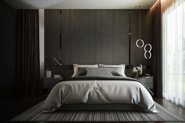 A stylish modern bedroom featuring dark wood paneling, plush bedding, elegant curtains, and soft lighting, creating a serene and inviting atmosphere.