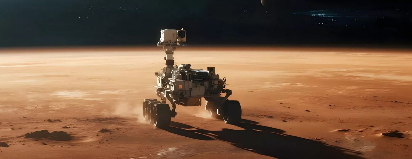 Mars rover operating in an extreme planetary environment, highlighting the reliability, durability, and precision of mission-critical components used in aerospace and space exploration.