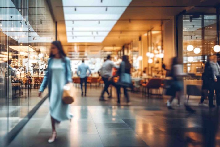 A blurred image of people walking through a modern indoor mall or shopping center with glass walls, bright lights and a busy bustling atmosphere. Some people are seated in a cafe or restaurant area.