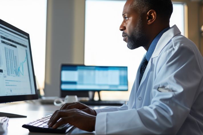 A medical professional in a lab coat works on a computer, analyzing data displayed on multiple monitors in a modern office setting. The screens show graphs and data tables related to health information.