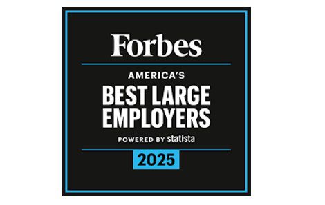 Forbes badge reading 'America's Best Large Employers 2025, powered by Statista' on a black background with blue border.