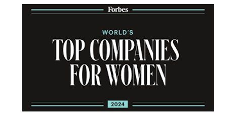A black background featuring the Forbes logo at the top, followed by the text "World's Top Companies for Women 2024" in white and light blue, representing recognition of organizations that excel in supporting and advancing women in the workplace.