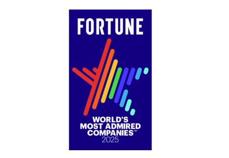 A blue rectangular background featuring the Fortune logo in white at the top. Below it is a multicolored abstract star-like design made of red, orange, yellow, green, and blue lines. Underneath, white text reads "World's Most Admired Companies® 2025," representing recognition of corporate reputation and leadership.