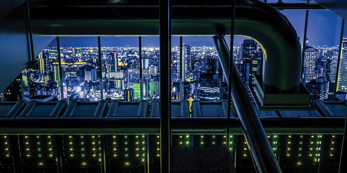 High view from cooling equipment and network servers racks