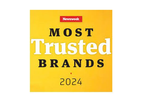 A yellow background featuring the text "Newsweek Most Trusted Brands 2024 United States," representing a recognition of brand trust and consumer confidence in the U.S. market.