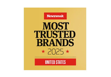 A yellow background featuring the text "Newsweek Most Trusted Brands 2025 United States," representing a recognition of brand trust and consumer confidence in the U.S. market.