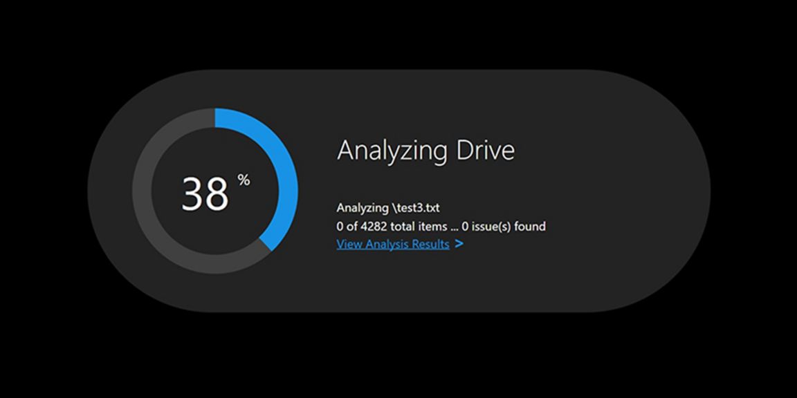 Circular progress bar at 38%, analyzing 'test3.txt', 0 issues found out of 4282 items.